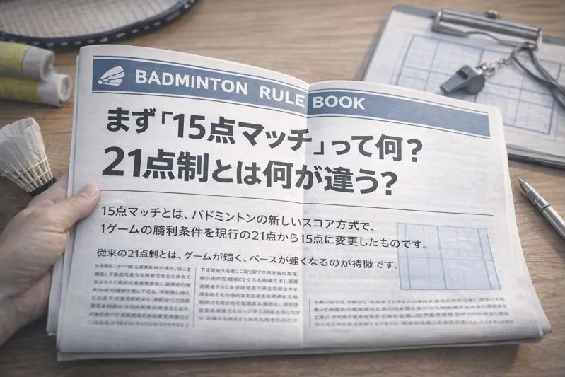 バドミントン15点マッチと21点制の違いを解説したルールブックのイメージ