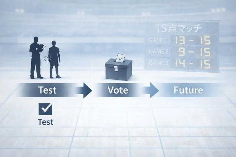 バドミントン15点マッチ導入までの流れを示す試験導入・採決・将来の図解