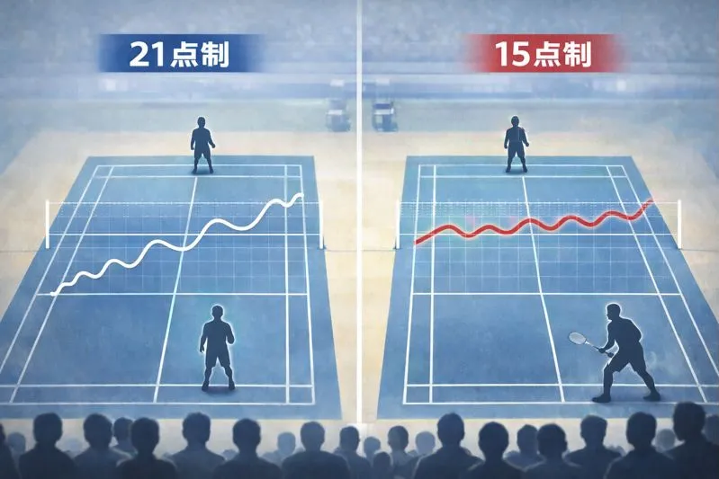 バドミントン21点制と15点制の戦術変化をグラフで比較した図解イラスト