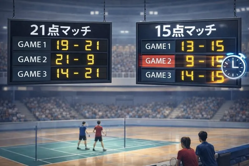 バドミントン15点マッチと21点マッチの違いを示す電光掲示板の比較イメージ