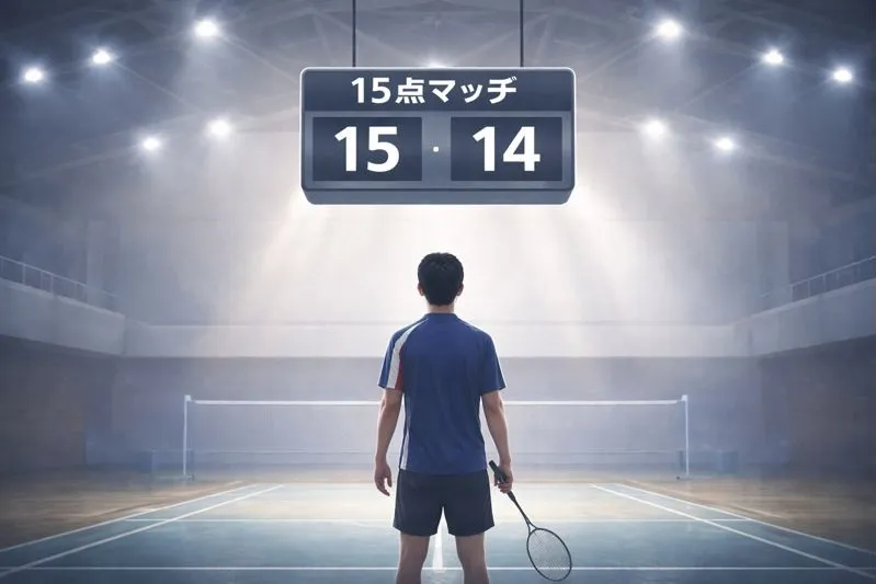 バドミントン15点3ゲーム制(延長最大21)を示すイメージイラスト