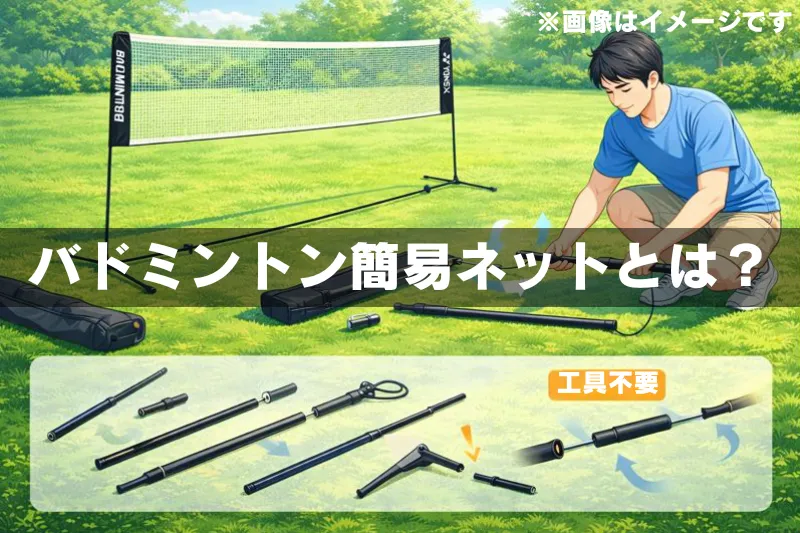 バドミントン簡易ネットを屋外で組み立てている様子。ショックコードでつながったポールを使い、工具不要で設営できる構造が分かる図解イラスト