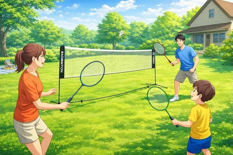 バドミントン簡易ネットを庭に設置し、親子でポータブルネットを使ってバドミントンを楽しんでいる様子