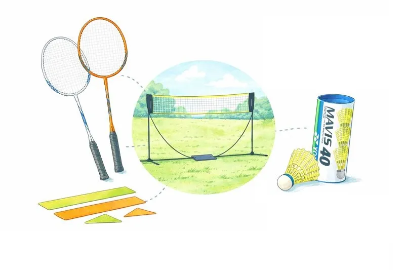 バドミントン初心者向けのレジャーセット。ラケット2本と屋外用ナイロンシャトルが並んだ家庭用バドミントン用品のイメージ