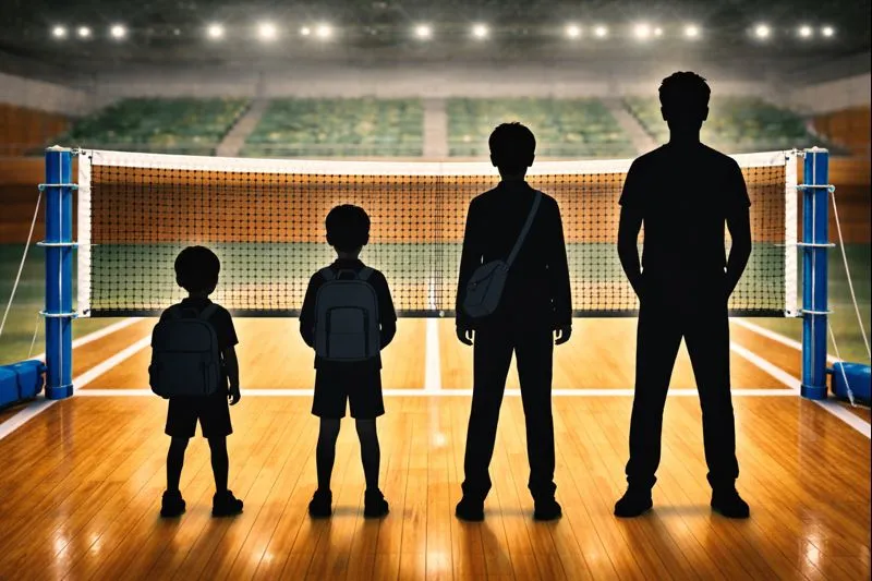 バドミントンネットを張った体育館を背景に、小学生・中学生・高校生・大人のシルエットを並べ、年代によるネット高さの違いを比較できるようにした図解イラスト
