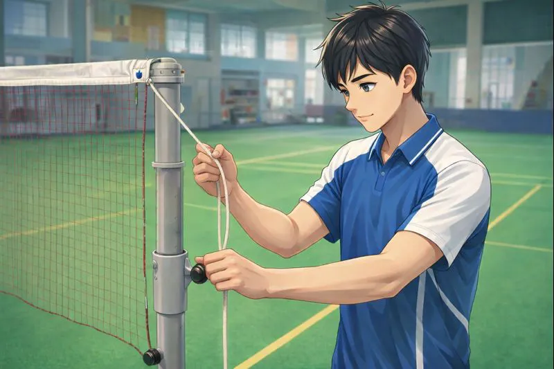 体育館でバドミントンネットのコードを引きテンションをかけるプレイヤーの様子