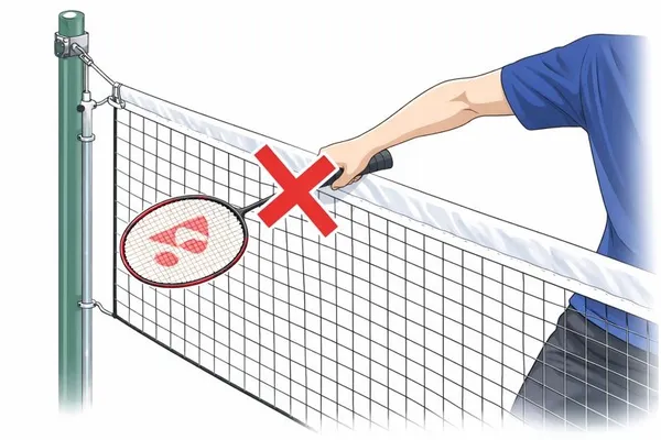 バドミントンのネット際でラケットがネットに触れ、フォルトとなる様子を示したルール図解イラスト