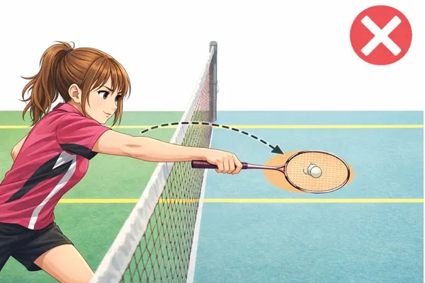 ネット越しに打点が相手コート側へ入りフォルトとなるバドミントンのルールを示した図解イラスト