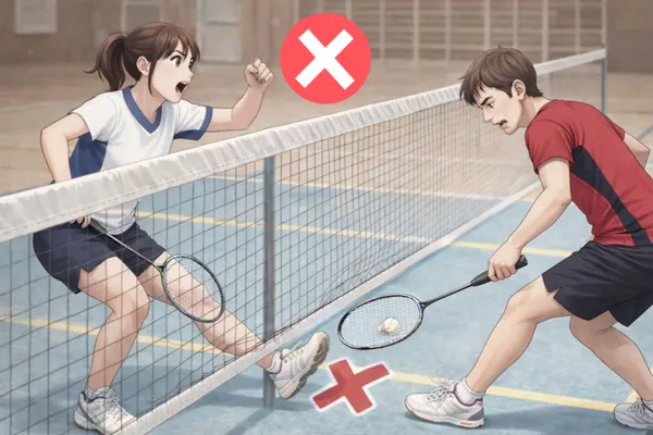 バドミントンでネット下から足が相手コートへ侵入し相手の動作を妨害してフォルトとなる場面を示した図解イラスト