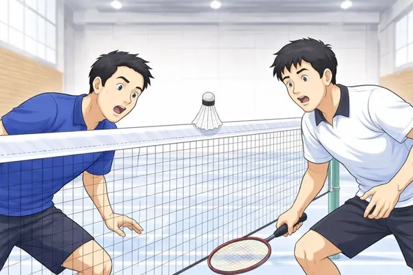 打ったシャトルがネットの上に乗って止まった状態を示すバドミントンのネット際ルール図解