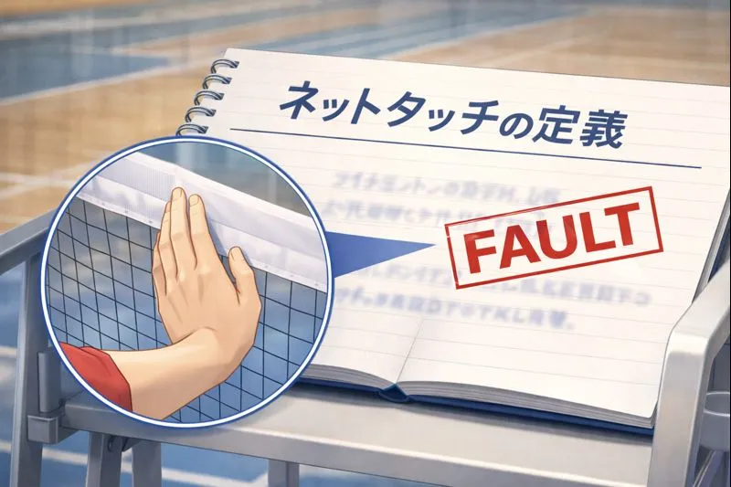 バドミントンのネットタッチの反則を示す解説図。ノートに「ネットタッチの定義」と書かれ、横の拡大図ではネットに手が触れてFAULT判定となる様子が描かれている。