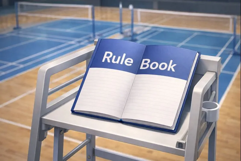 体育館コートの審判台の上に英語表記の「Rule Book」が開かれて置かれている様子を描いた教材風セミリアルイラスト。