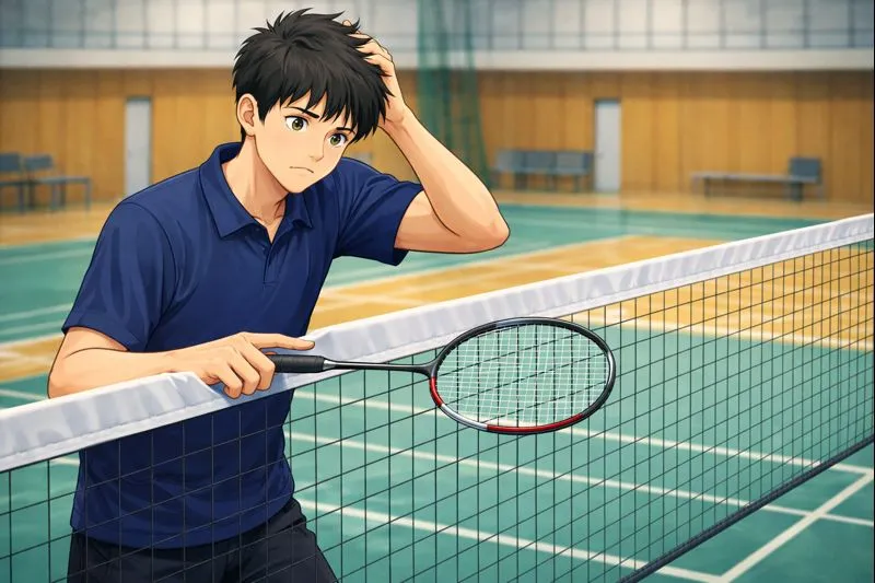 バドミントンのネット前でラケットを持ったプレーヤーがルールに悩む様子を体育館コートで描いたセミリアル図解アニメ。