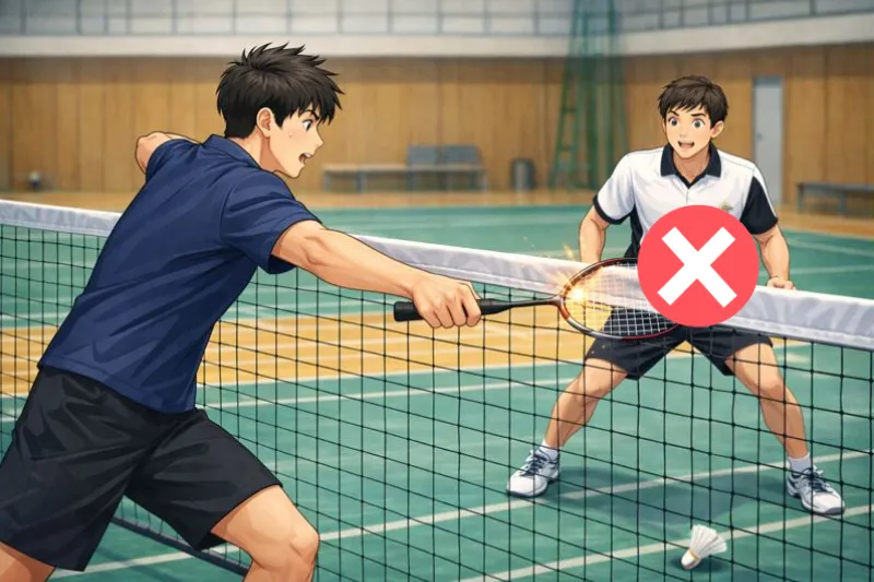 バドミントンのラリー中、プレーヤーが大振りしたラケットがネットに接触した瞬間を横から描いたセミリアル図解アニメ。