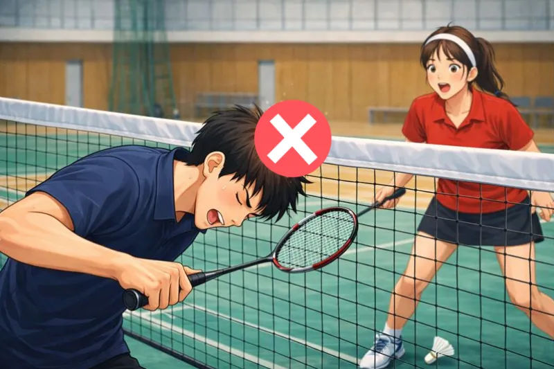 体育館のバドミントンコートで、勢い余って前のめりになった男性選手の頭がネットに接触してしまい、対面の女性選手が驚いた表情で見ているシーンのイラスト。