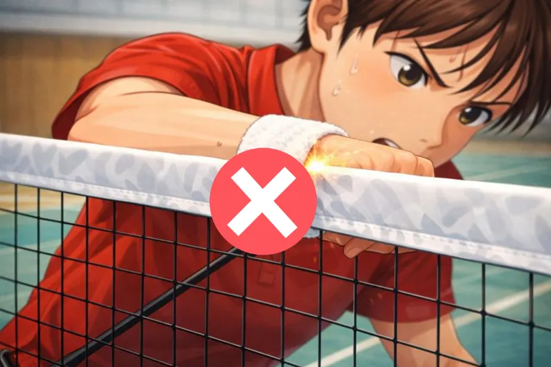 バドミントンのプレー中にリストバンドがネットの白帯に接触する瞬間をクローズアップした図。