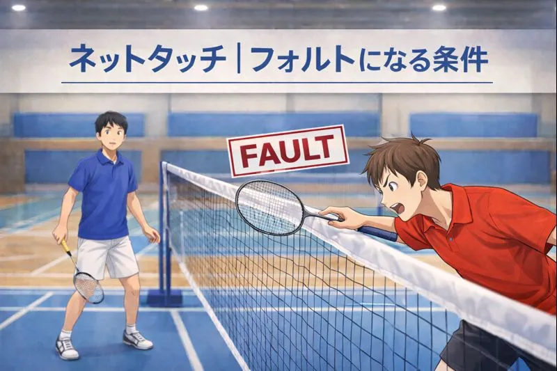 バドミントン選手がラケットの先端をネットに接触させてしまった瞬間を描いた教材風イラスト。相手選手は後方で見ている。体育館コート背景。