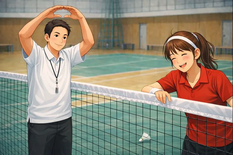 ネットタッチがフォルトにならないケースを示すバドミントン審判と選手のイラスト。ラリー後でフォルトではないことを丸サインで伝えている。