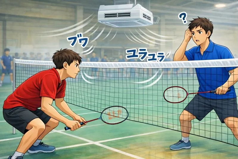 体育館でバドミントンのネットが空調の風で揺れ、赤と青のプレーヤーがネット前で状況を確認している様子を描いたイラスト