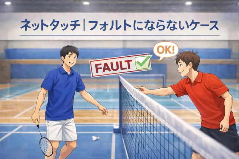 ラリー終了後に体勢を崩しネットに触れたプレーヤーを描いたセミリアルの教材風イラスト。フォルトにはならない状況を示している構図。