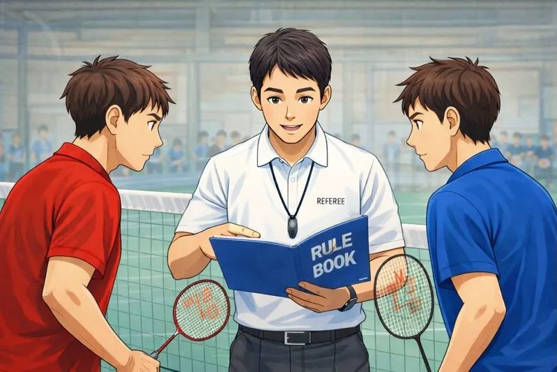 体育館のバドミントンコートで、審判がルールブックを開いて選手に説明している様子を描いたセミリアルな図解アニメ風イラスト。