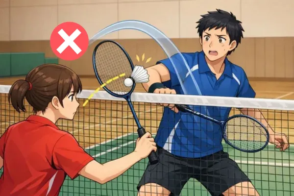 赤選手がネット前でラケットを差し込み、青選手のスイングを妨害するオブストラクションの例を示す教材イラスト。