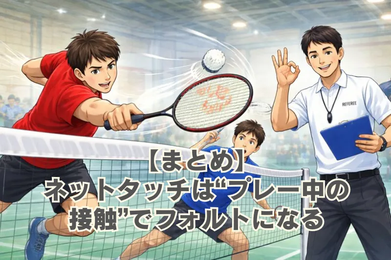 バドミントンでスマッシュ後にラケットがネット上を通過し相手側へ侵入したが、ネットには触れておらず反則にならない状況を示した教材イラスト