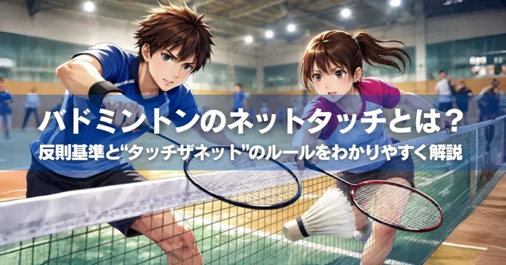 体育館でバドミントンをプレーする男女選手がネット際でラケットを構えるシーン。ネットタッチの判定が重要になるネット前の攻防を描いたアニメ調イラスト。