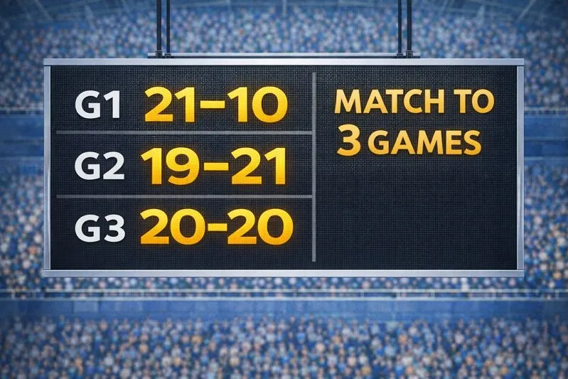 バドミントンの21点×3ゲーム制を示す電子スコアボードの図解イラスト
