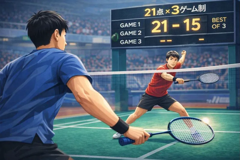 バドミントンの1ゲーム21点先取と勝敗条件を示した試合イメージ図