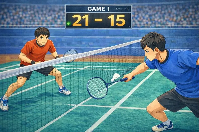バドミントンのラリーと21点ラリーポイント制を示す得点ボードのイラスト