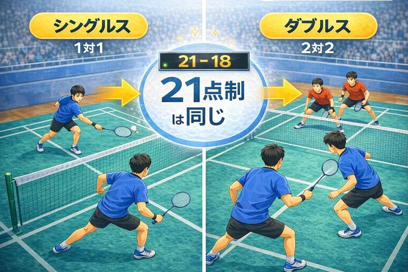 シングルスとダブルスのコート配置を比較したバドミントン図解イラスト