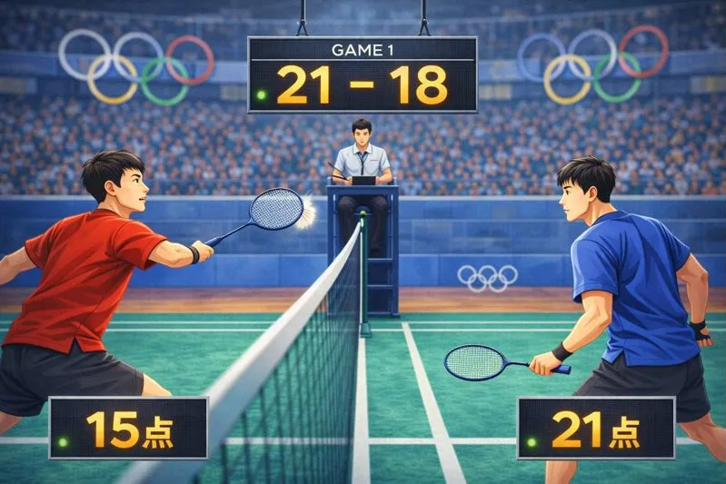 国際大会風の舞台でバドミントンの21点制が採用されている様子を描いたイラスト