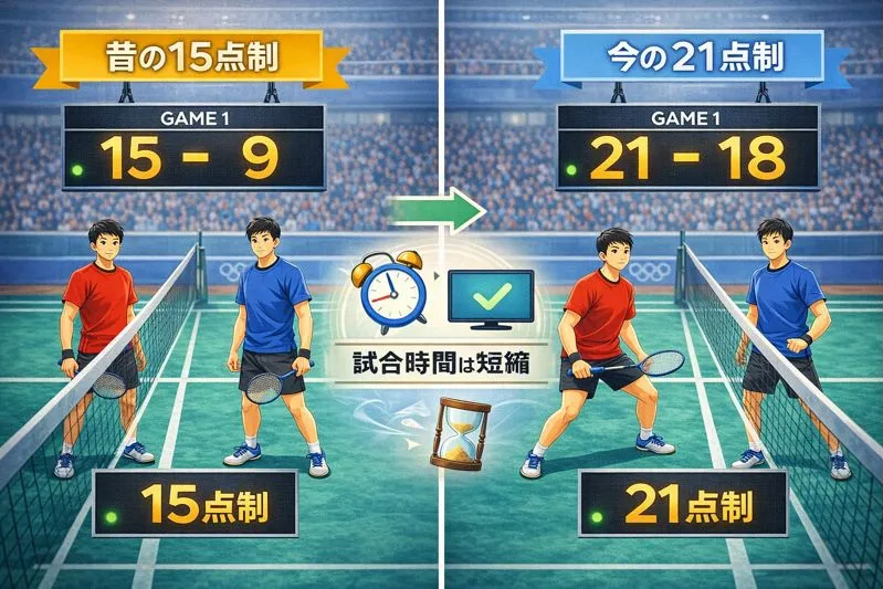 バドミントンの得点方式変更(旧ルールと現行ラリーポイント制)の比較図