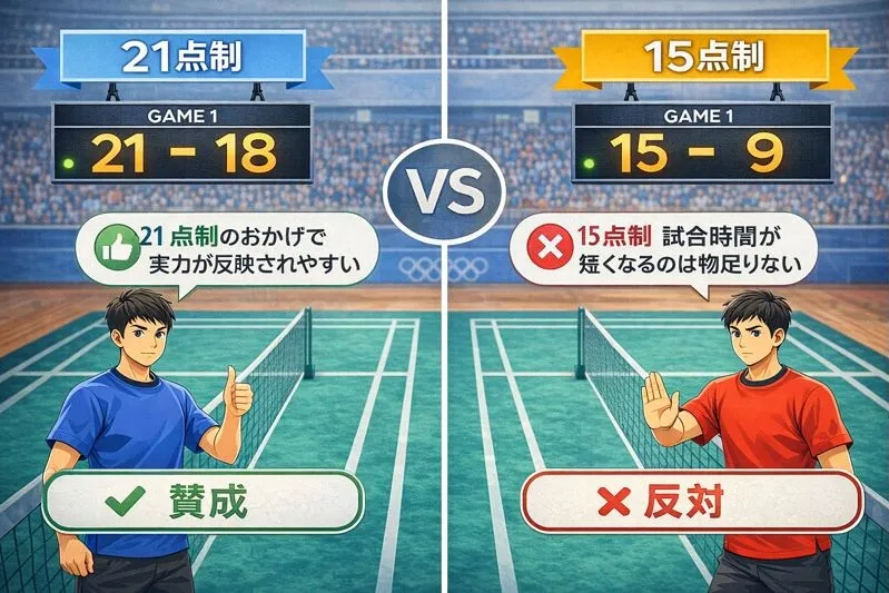 21点制と15点制の比較および選手の賛否意見をまとめた図解イラスト