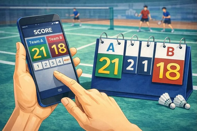 バドミントンのスコア管理アプリとフリップ式得点板を示した図解イラスト