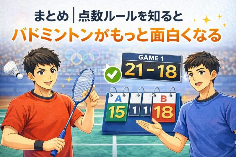 バドミントンの得点ルール理解が競技の楽しさにつながることを示す図解イラスト