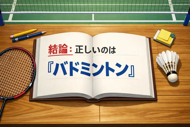 「結論：正しいのはバドミントン」と本に表示されたバドミントン解説イラスト