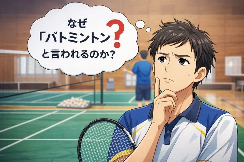 「なぜバトミントンと言われるのか？」と考えるバドミントン男性のイラスト