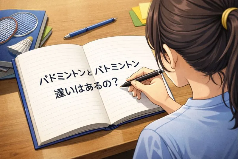 バドミントンとバトミントンの違いをノートに書き込む女性の図解イラスト