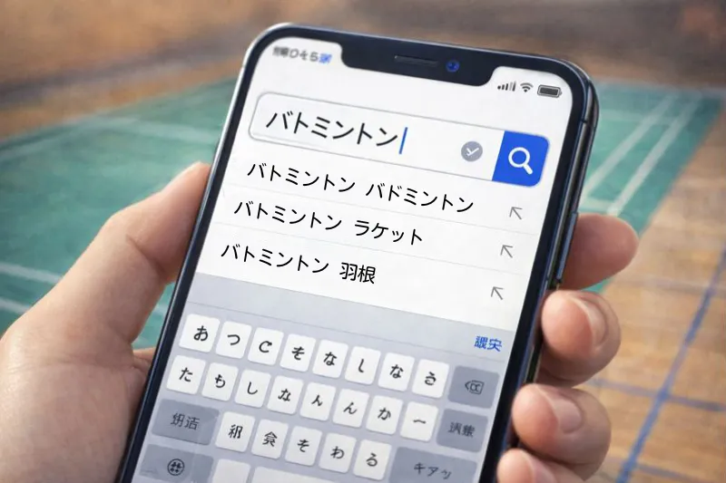スマホで「バトミントン」と検索する様子を示したイラスト