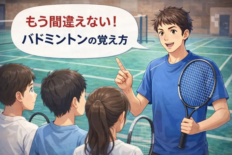 バドミントンコーチが生徒に「もう間違えない！バドミントンの覚え方」と指導する教材イラスト