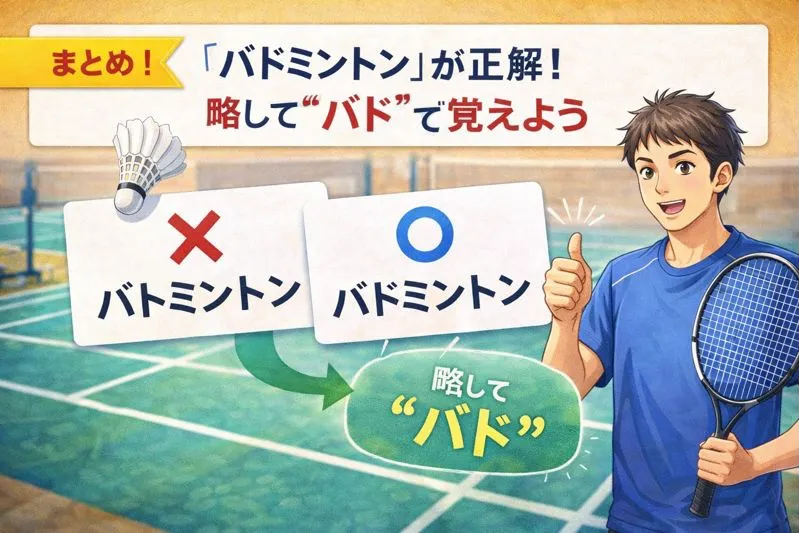 バドミントンの正しい表記と覚え方を解説する教材イラスト。「バドミントン」が正解で略は“バド”と示す学習画像