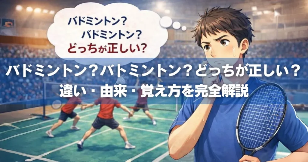 バドミントンの試合中に「バドミントン？バトミントン？どっちが正しい？」と考える選手の教材風イラスト