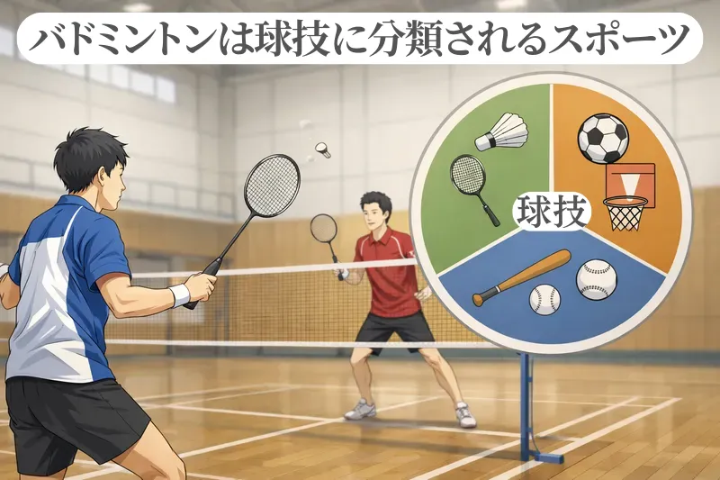 バドミントンが球技カテゴリーに含まれることを示すラリーの教育イラスト