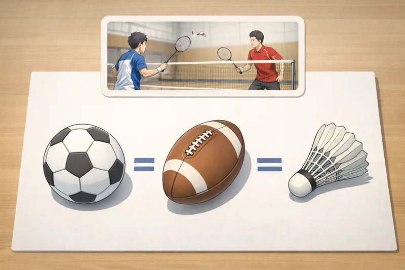 ボールの形が違っても同じ競技分類になることを示す体育教材図（サッカー・ラグビー・バドミントン）