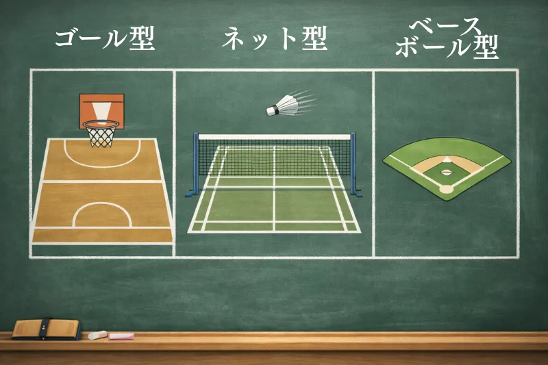 球技の三分類（ゴール型・ネット型・ベースボール型）とバドミントンの位置づけ図