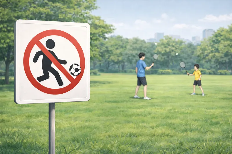 ボール遊び禁止の公園でも安全にできる軽スポーツとしてのバドミントンの対比イラスト