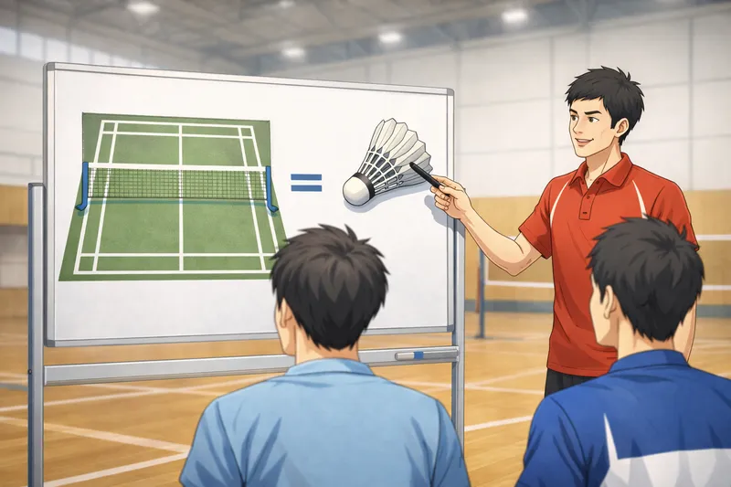 コーチがコート図とシャトルを使ってバドミントンを説明する指導場面