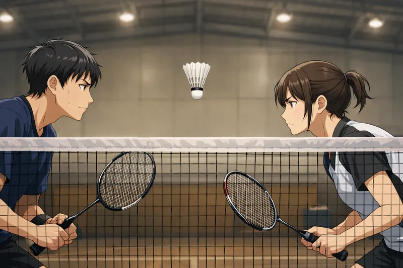 ラリー後に対峙しシャトルが落ちる直前のバドミントンの構え